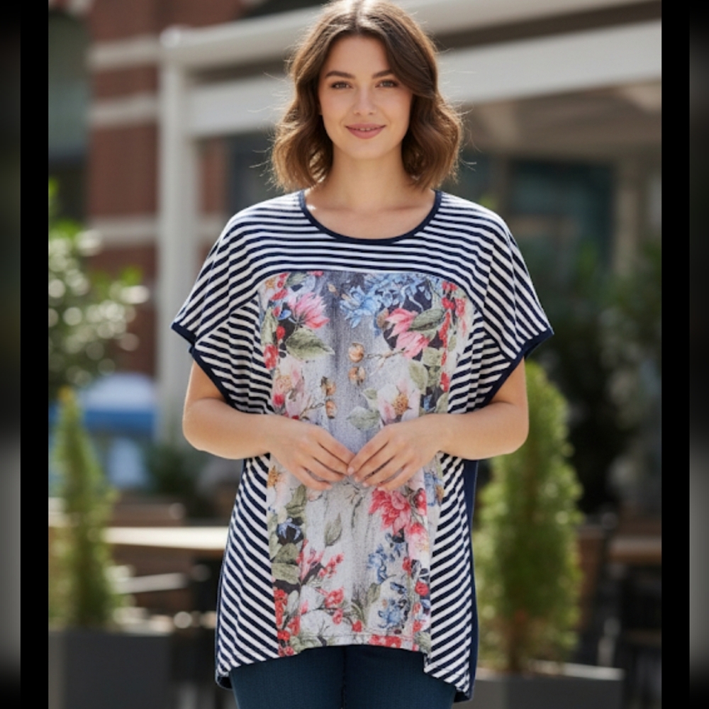Marie-Claire short sleeves striped top with flowers patterns, size XL